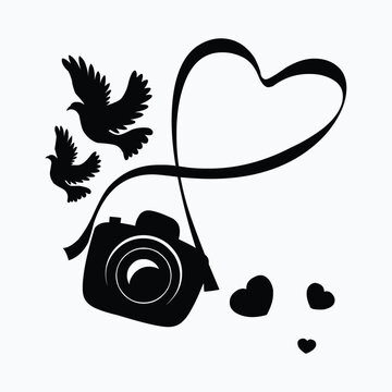 Camera silhouette with flying birds and heart ribbon icon isolated on white background