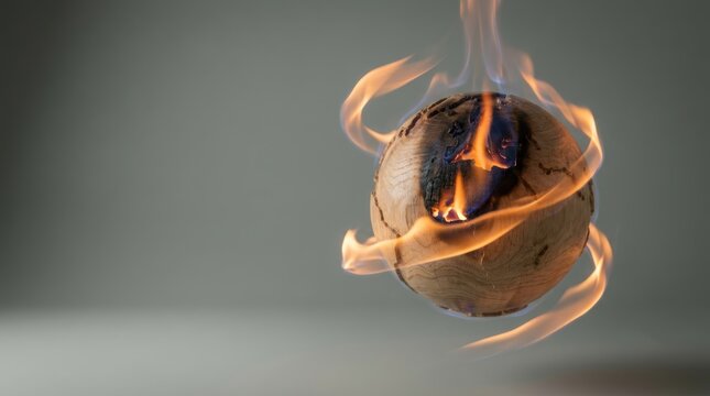 A wooden sphere resembling a planet burns with flames swirling around it global warming