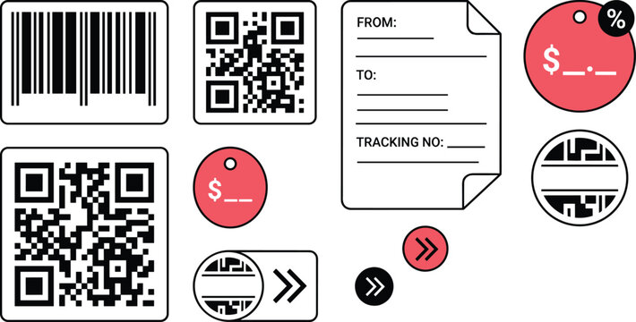 E commerce logistics sticker vector set with retail barcode qr codes discount pricing tags and shipping labels