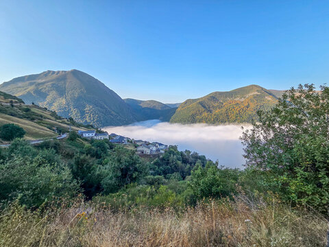 Leitariegos valley in Asturias, Spain, covered by fog at dawn