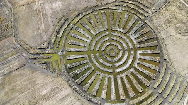 Top-down cinematic drone footage revealing the perfect concentric circles of the Moray Inca agricultural terraces in Peru.