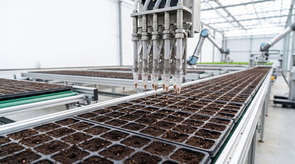 Fototapeta premium Automated machine sowing seed in soil tray with robotic arms in modern greenhouse environment