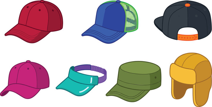Headwear fashion vector icons set with baseball caps trucker hat snapback visor military cap and ushanka winter hat