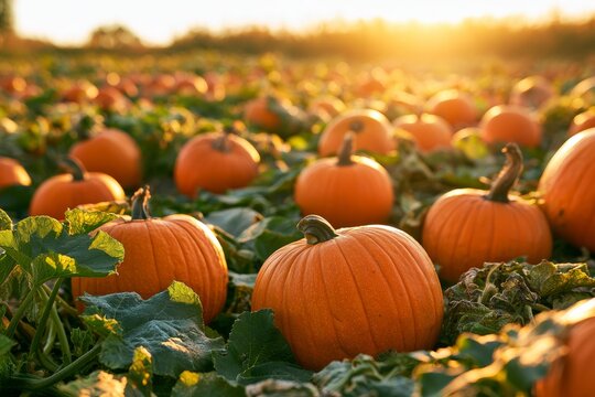 Vibrant pumpkin patch glowing in the warm light of sunset on a peaceful autumn evening