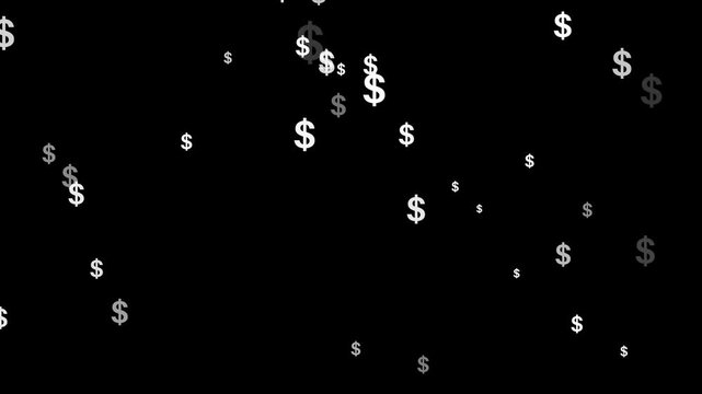 Floating white dollar signs scattered across a dark black background, USA Dollar signs symbol Falling down animation, golden dollar signs raining down black background