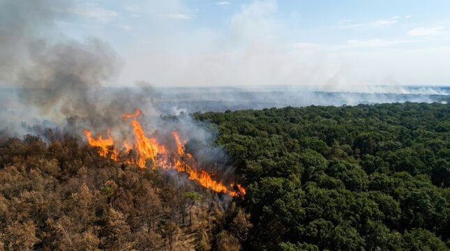 Aerial view of a forest fire burning with intense flames and smoke against a clear sky