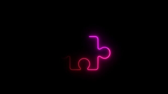 Glowing Pink Neon Jigsaw Puzzle Piece Icon Loop Animation on Black Background for Business Strategy Concept
