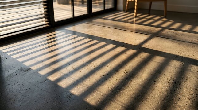 Sunlight and shadow patterns on a polished concrete floor