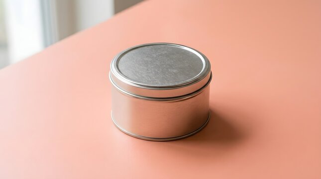 Shiny silver metal round tin container for storage or packaging on peach surface.