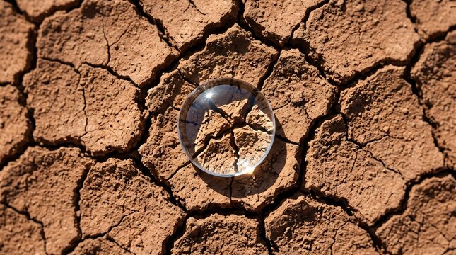Clear glass sphere resting on cracked, dry earth surface