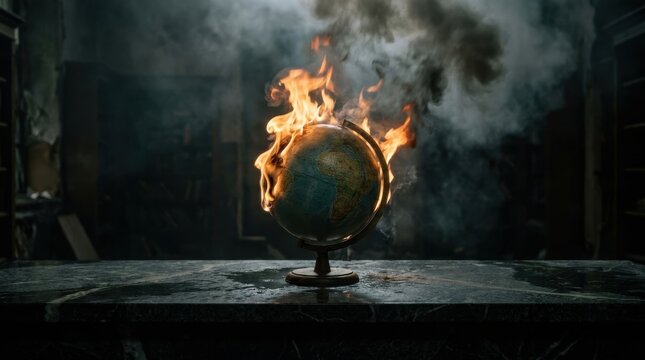 A terrestrial globe model engulfed in intense flames and thick smoke stands on a dark marbled surface
