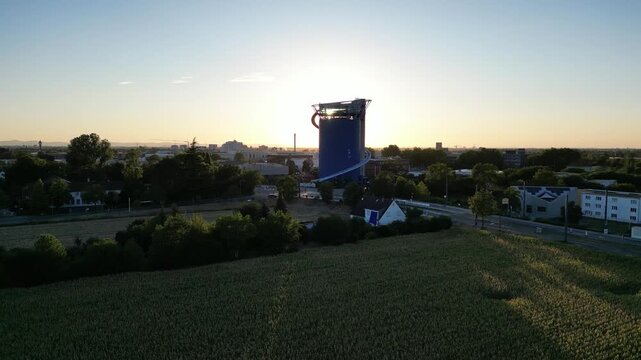 Aerial Side Flight past the Energy and Future Storage at Sunset in Heidelberg Pfaffengrund, Germany