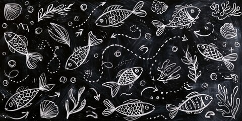 Fototapeta premium Whimsical chalkboard-style underwater scene with hand-drawn fish, seaweed, shells, and bubbles in white on black, evoking playful marine life.