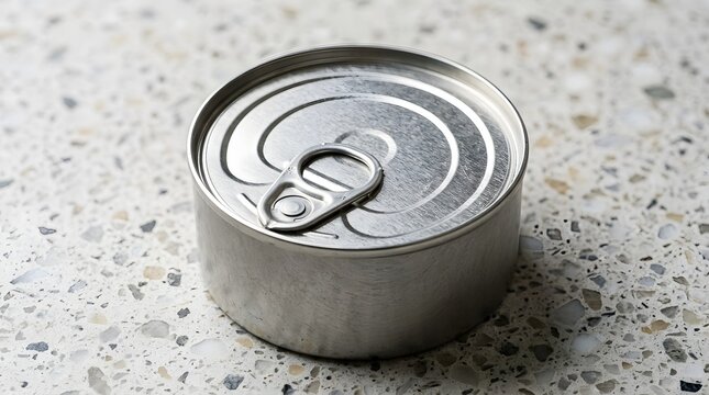 A single aluminum round metal can with a pull tab lid on a speckled gray counter.