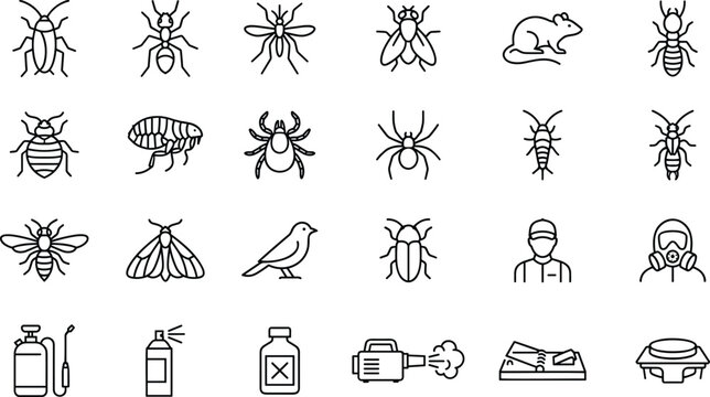 Pest control exterminator icons set cockroach rat mosquito bedbug spider sprayer trap line art vector illustration.