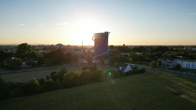 Aerial Side Flight from Right to Left past the Energy and Future Storage at Sunset in Heidelberg Pfaffengrund, Germany