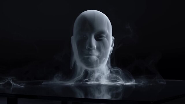 Translucent human head formed from smoke above reflective table in dark setting