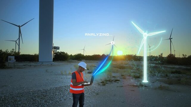 Engineer uses AI technology to analyze wind turbine digital twin hologram energy renewable data