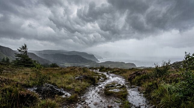 Dramatic storm clouds over coastal mountains, moody landscape with rainy hiking trail, dark overcast sky above rugged hills and sea