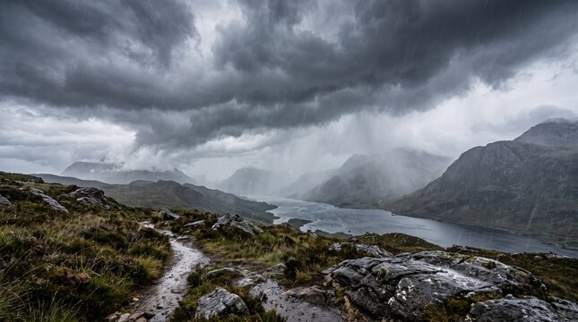 Dramatic storm clouds over mountain lake, dark moody highland landscape with rain, cinematic wilderness scenery for travel and nature backgrounds