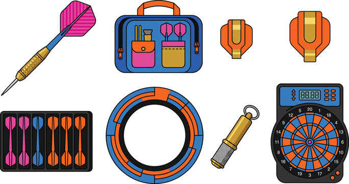 Electronic darts game gear accessories vector icons collection with digital dartboard arrow bag flight protector surround
