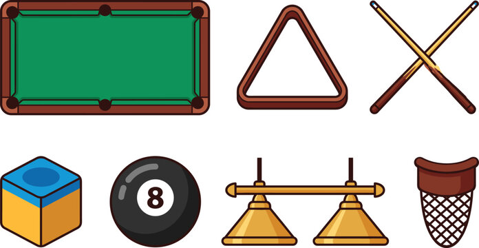 Billiards pool table sport equipment vector icons collection with eight ball cue sticks rack chalk and lights