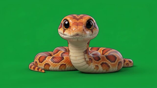 Cute Cartoon Snake on Green Screen Background with Big Eyes.