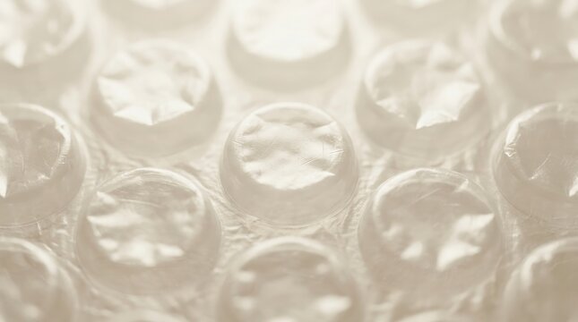 Macro shot of clear bubble wrap, showcasing its protective air-filled pockets. Ideal for shipping and packaging concepts.