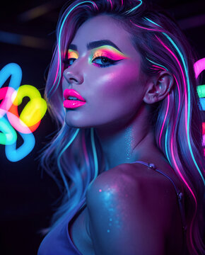 Glamorous woman with neon-streaked hair and rainbow neon makeup poses under colorful glowing lights in a dark setting