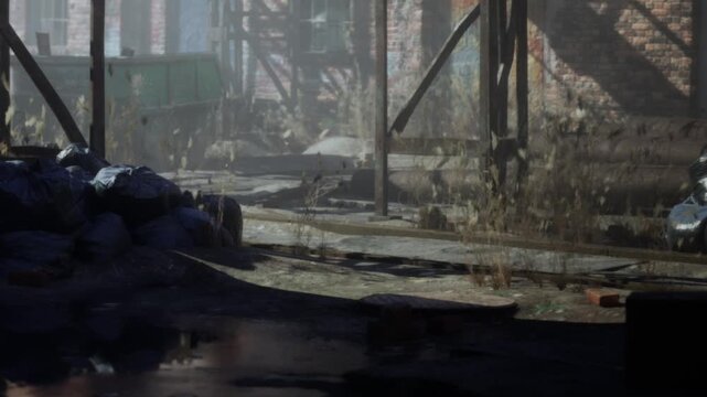 In a neglected alley, sunlight filters through rusted structures. Abandoned vehicles sit among heaps of trash. Weeds grow in the cracks of the pavement, showing signs of neglect.