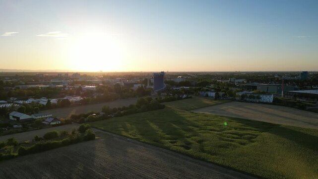 Aerial Vertical Ascent towards the Energy Storage Tower at Sunset in Heidelberg Pfaffengrund, Germany
