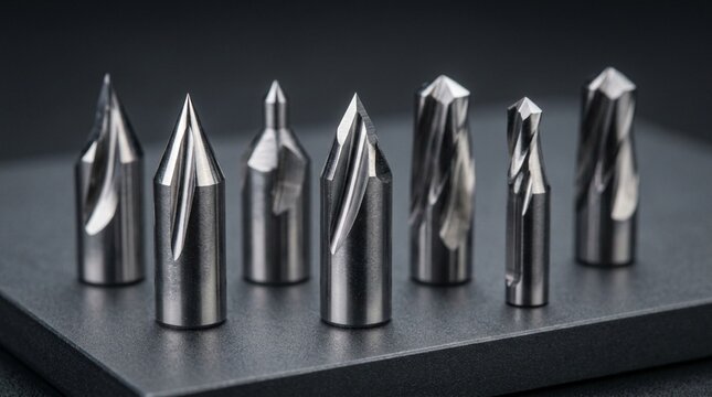 Set of Metal Cutting Tools: Drill Bits & End Mills on Dark Surface