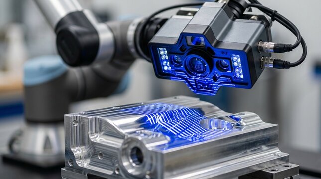Robotic arm with 3D scanner inspecting metal component, industrial automation