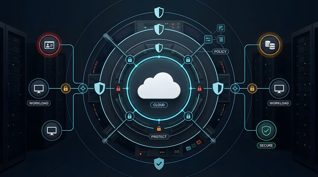 Cloud security, data protection and cyber safety in server room for internet privacy, hosting and database. Storage, network and firewall with shield icons for enterprise information backup and pc