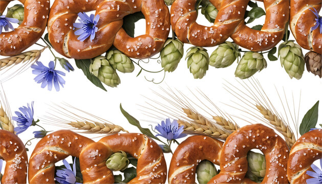 Seamless border pattern with Bavarian pretzels and hops cut out isolated on transparent white background PNG. AI GENERATED.
