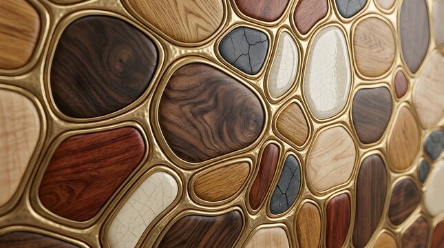 Modern decorative wall panel with organic pebble shapes made of wood and stone textures with golden metallic grout