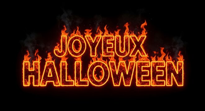 Joyeux halloween french text design featuring burning fire letters for holiday greeting card background graphics