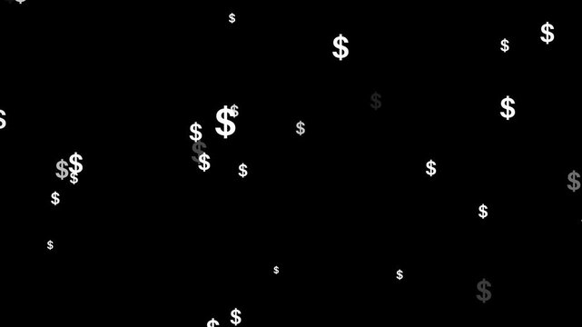 Floating white dollar signs scattered across a dark black background, USA Dollar signs symbol Falling down animation, golden dollar signs raining down black background