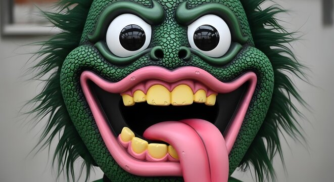 Close up portrait of a funny green monster character with big eyes and wide smile