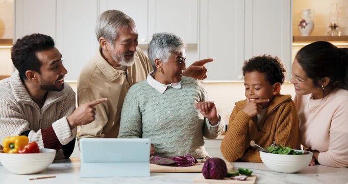Cooking, family and kid high five with grandmother for learning recipe or tutorial in kitchen. Happy generations, child or meal prep success for guide with tablet, laugh or talk with parents in home