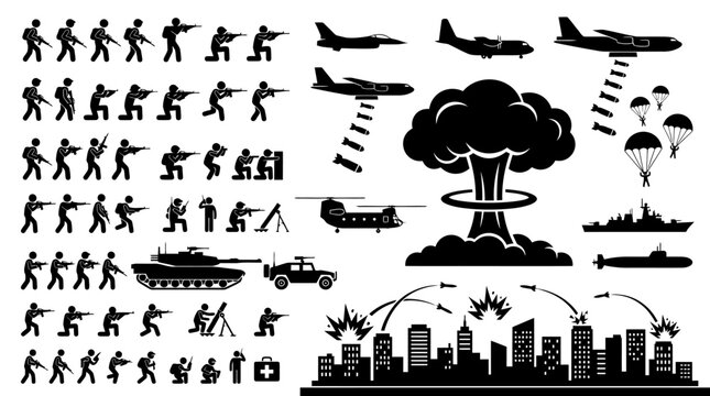 War combat and military explosion silhouette collection.