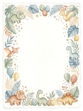 Cute Watercolor Dinosaur Frame Template with Pastel Tropical Leaves for Kids Birthday Party Invitation or Baby Shower Card Design