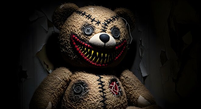 Creepy stitched teddy bear with a sinister smile for halloween horror and dark fantasy themes