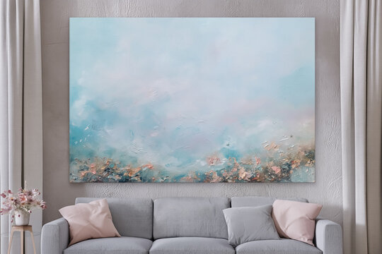 Abstract painting featuring light pastel colors, impasto texture, and a soft, ethereal landscape design in a contemporary interior