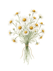 Fototapeta premium Delicate Watercolor Chamomile Flower Bouquet Tied with Rustic Twine on White Background for Natural Design Elements