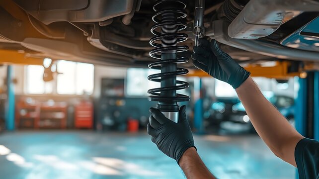 Mechanic hands in black gloves performing car suspension maintenance, automotive repair service in a garage, close up detail view