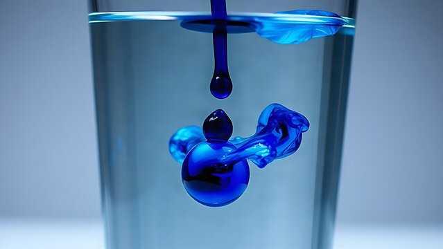 A drop of blue ink dispersing in clear water, color diffusion.
