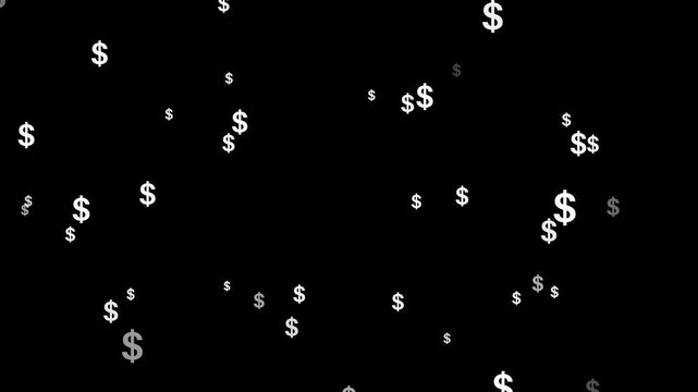 Floating white dollar signs scattered across a dark black background, USA Dollar signs symbol Falling down animation, golden dollar signs raining down black background
