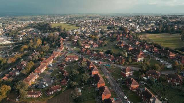 Aerial view over quiet residential neighborhood