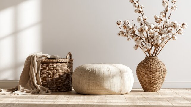 Wicker basket, pouf and vase with cotton flowers near white wall in interior of living room, Generative Ai